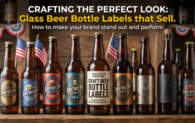 Row of craft beer bottles with various custom labels including metallic, matte, and gloss finishes on a rustic wooden bar.
