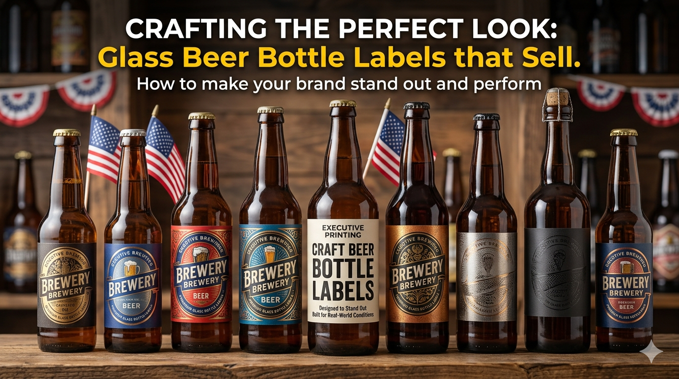 Row of craft beer bottles with various custom labels including metallic, matte, and gloss finishes on a rustic wooden bar.